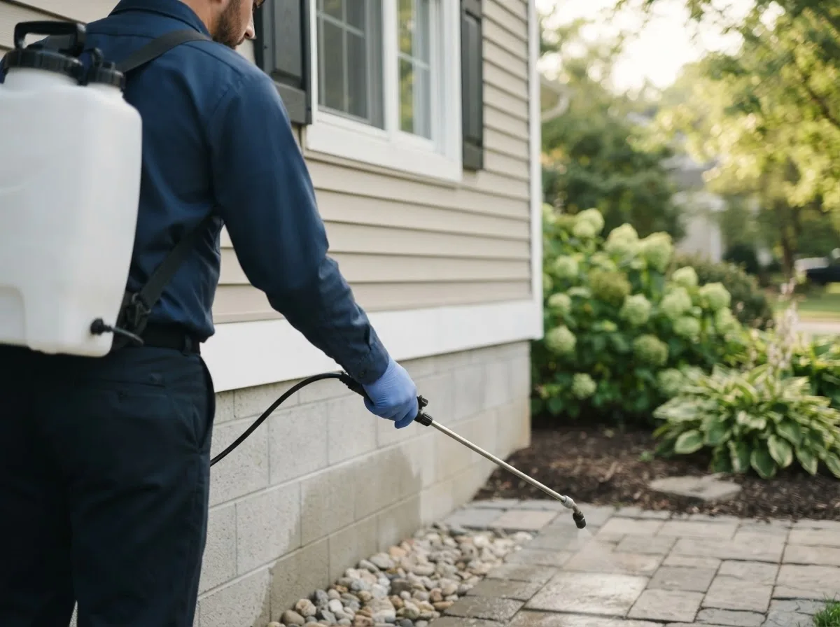 Pest control technician inspecting a home in Malmo, NE